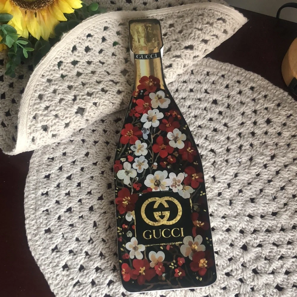 Gucci Red and Gold Floral Champagne Bottle Wooden Home Decor